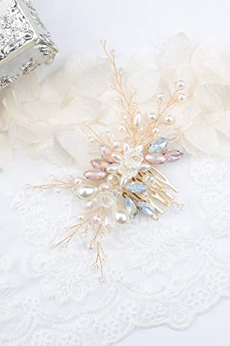 Kercisbeauty Wedding Bridal Bridesmaids Flower Girl Vintage Tiny Pearl Beads Purple and Blue Rhinestones White Flower Headband with Comb Bridal Hair Comb Headpiece Long Curly Bun Hair (Gold)