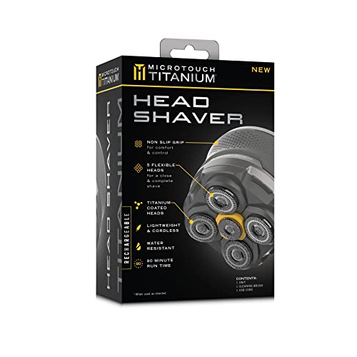 Microtouch Titanium Electric Head Shaver - Rechargeable Head and Face Shaver for Men, Cordless Razor, Hypoallergenic Wet/Dry Shaving, Precision Head Trimmer, Lithium Power, Battery Powered