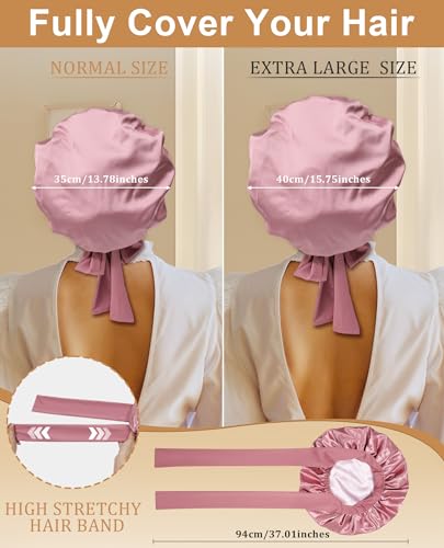 Extra Large Satin Bonnet for Sleeping Jumbo Silk Bonnet Double Layer Hair Bonnet for Women with Elastic Tie Band Sleep Bonnet Hair Wrap for Braids Curly Hair(Bean Paste + Pink)