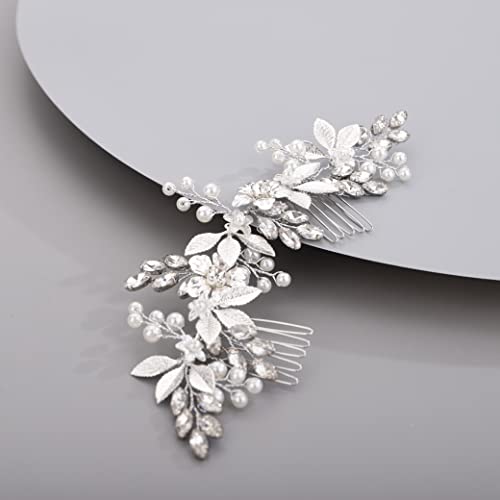 Chargances Bridal Flower Pearl Hair Comb Wedding Rose Gold Crystal Leaf Hair Side Vine Comb Fashion Flower Beaded Rhinestone Headpieces Wedding Prom Flower Girl Hair Accessories for Women and Girls