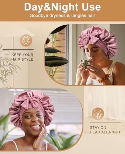 Extra Large Satin Bonnet for Sleeping Jumbo Silk Bonnet Double Layer Hair Bonnet for Women with Elastic Tie Band Sleep Bonnet Hair Wrap for Braids Curly Hair(Bean Paste + Pink)