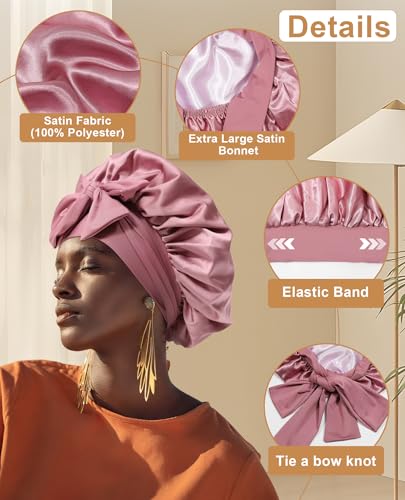 Extra Large Satin Bonnet for Sleeping Jumbo Silk Bonnet Double Layer Hair Bonnet for Women with Elastic Tie Band Sleep Bonnet Hair Wrap for Braids Curly Hair(Bean Paste + Pink)