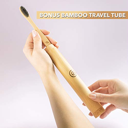 GREENZLA Organic Bamboo Toothbrushes, 4 Pack Sturdy BPA Free Soft Bristles Toothbrushes for Adults with Toothbrush Travel Case & Charcoal Dental Floss, Biodegradable & Compostable Wooden Toothbrushes