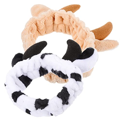 FRCOLOR Animal Spa Headband 2Pcs Cow Headband Skincare Soft Plush Hairband for Makeup Face Wash Cosmetic Shower Elasticity Cow Makeup Headband for Home