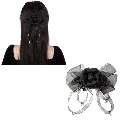 JKQBUX French Black ribbon Bow Barrette Rose Flower Hair Clips for Women Girls Hair Bowknot Clip Wedding Party Christmas 1PC Black