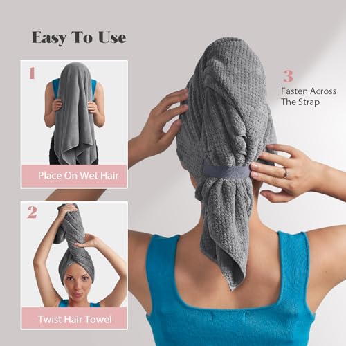 MABAO Microfiber Hair Towel Wrap for Women, Quick Dry Hair Turban Towel with Elastic Band, Microfiber Plopping Towel for Curly Hair, Long & Thick Hair 26.3" X 40" (Gray)