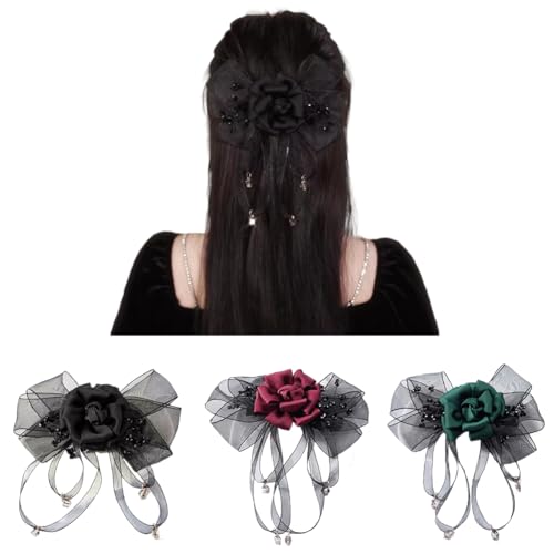 JKQBUX French Black ribbon Bow Barrette Rose Flower Hair Clips for Women Girls Hair Bowknot Clip Wedding Party Christmas 1PC Black