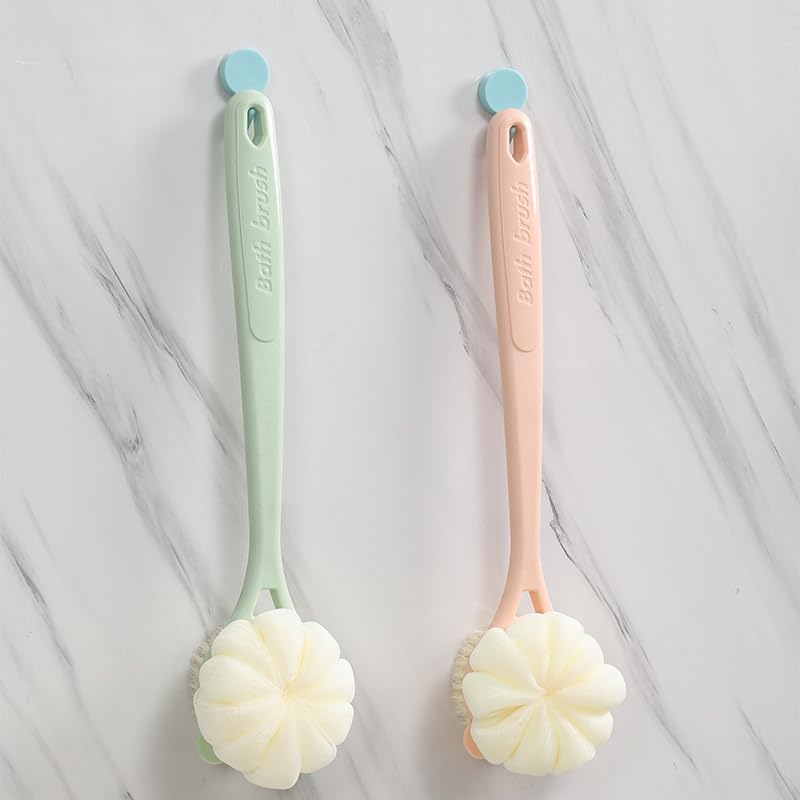 Maji Mama 15.7inch Upgrand Shower Body Brush,Soft Bristles and Loofah/Mesh Sponge Ball Long Handle Bath Brush Back Scrubber for Gentle Skin Exfoliating and Cleaning (Green)