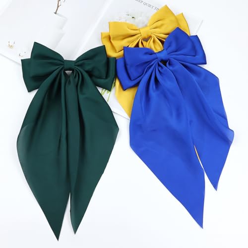 Cinaci 8 Pieces Silky Satin Big Hair Bows for Women Girls Teens, Fancy Long Tail Bow Hair Clips French Hair Barrettes Hair Accessories