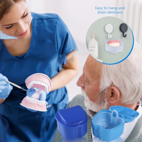 KISEER Denture Bath Case Cup Box Holder Storage Soak Container with Strainer Basket for Travel Cleaning (Blue)