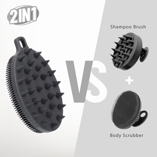 FREATECH 2-in-1 Silicone Body Scrubber - Bath Shower Body Brush and Shampoo Brush Scalp Massager Exfoliator, Deep Cleanse Skin & Hair, Lathers well, Easy to Clean and Long-lasting, Black