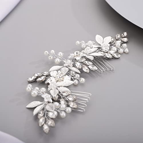 Chargances Bridal Flower Pearl Hair Comb Wedding Rose Gold Crystal Leaf Hair Side Vine Comb Fashion Flower Beaded Rhinestone Headpieces Wedding Prom Flower Girl Hair Accessories for Women and Girls