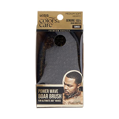 KISS COLORS & CARE 360° Power Wave Palm Brush - Medium Soft, Curved Handle, High-Density Boar Bristles for Deep Waves, Shed-Free Grip