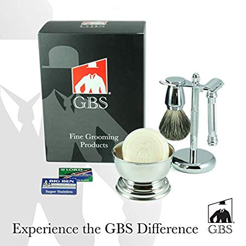 G.B.S Men's Shaving Set- Double Edge Safety Razor MK 38 Made in Soligen Germany, Shaving Brush, Dual Stand, Chrome Shaving Bowl, Natural Shave Soap, Double Edge Safety Razor Blades