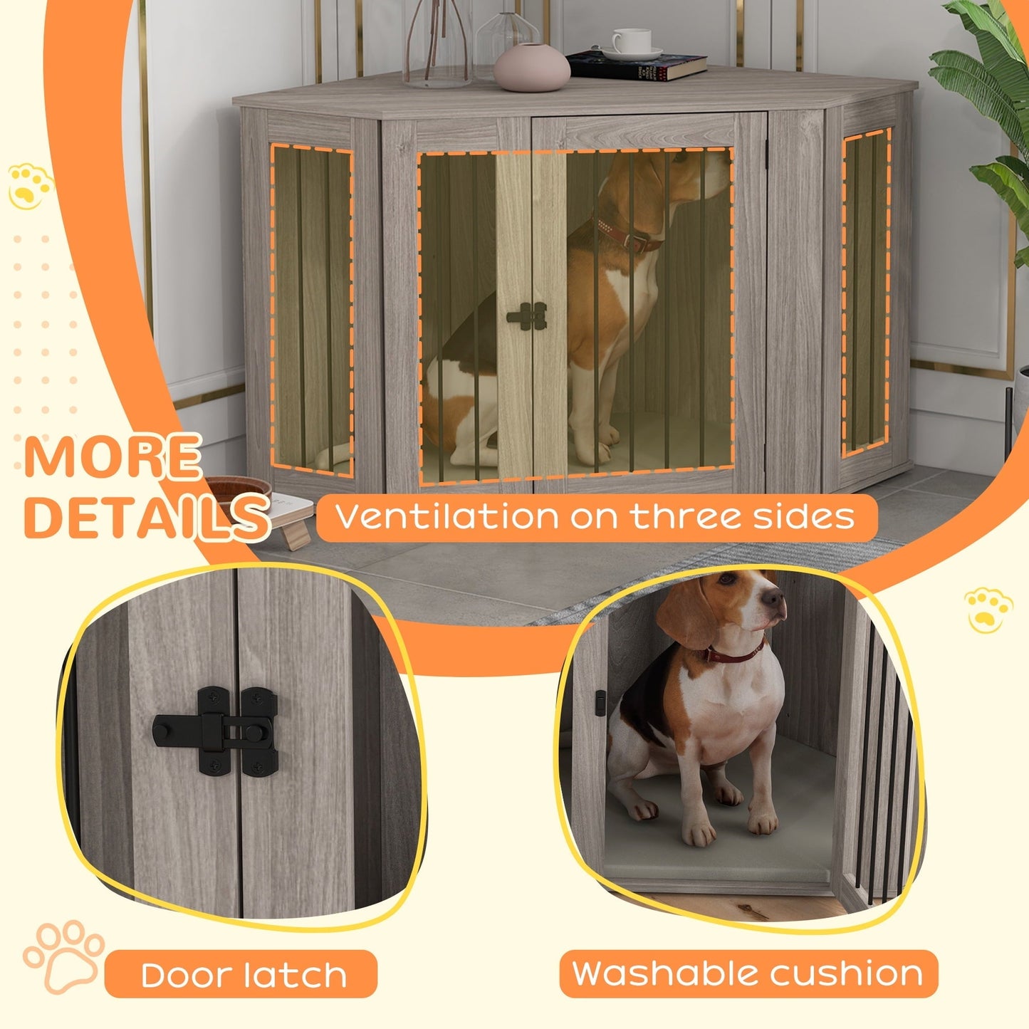 Noaman PawHut Corner Dog Crate Furniture, End Table Kennel for Large Dogs Up to 66lbs, 47.75"L x 24"W x 27.75"H, Walnut Brown with Cushion