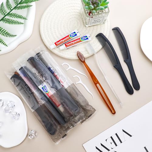Gisdo 10pcs Disposable Toothbrushes with Toothpaste and Comb Floss Individually Wrapped,4-in-1 Bulk Toothbrush Kit with 2 Color Toothbrush,10 grams Toothpaste,7 inch Comb,Floss Pick for Homeless,Hotel