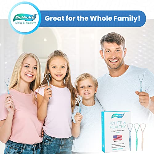 Dr. Nick’s White & Healthy Tongue Scraper (3 pack), Dentist Designed to Cure Bad Breath, Easy to Use Plastic Tounge Scraper Cleaner Maintains Oral Care for Adults (Green Blue & White)