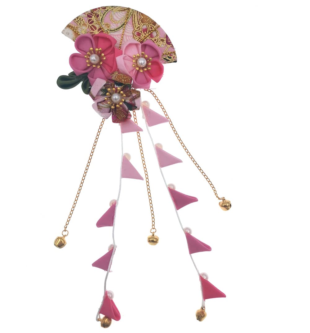 MIAO WU Womens Girls Japanese Kimono Flower Hair Clip, Kanzashi Decor Hair Pin Hair Ornament Tie Band Clip Hanfu Accessories (Pink)