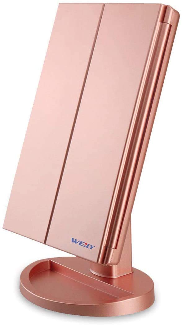 WEILY Makeup Mirror with 21 LED Lights,Two Power Supply Modes, Adjustable Touch Screen and 1x/2x/3x Magnification Tri-Fold Vanity Mirror, Chargeable Travel Cosmetic Mirror for Desktop (Pink)