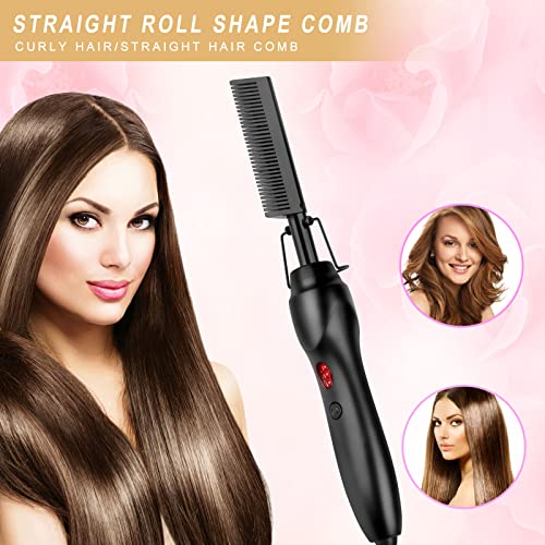 Hot Comb Portable Ceramic Travel Anti-Scald Straightening and Curling Brush - Electric Heated Flat Iron with Beard Pressing Comb