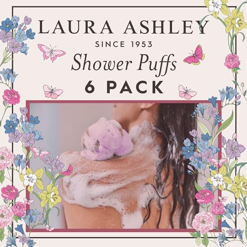 Laura Ashley 6 Pack Loofah Shower Poufs Exfoliating Cleansing Body Scrubbers for Shower in Washable Zip Up Bag