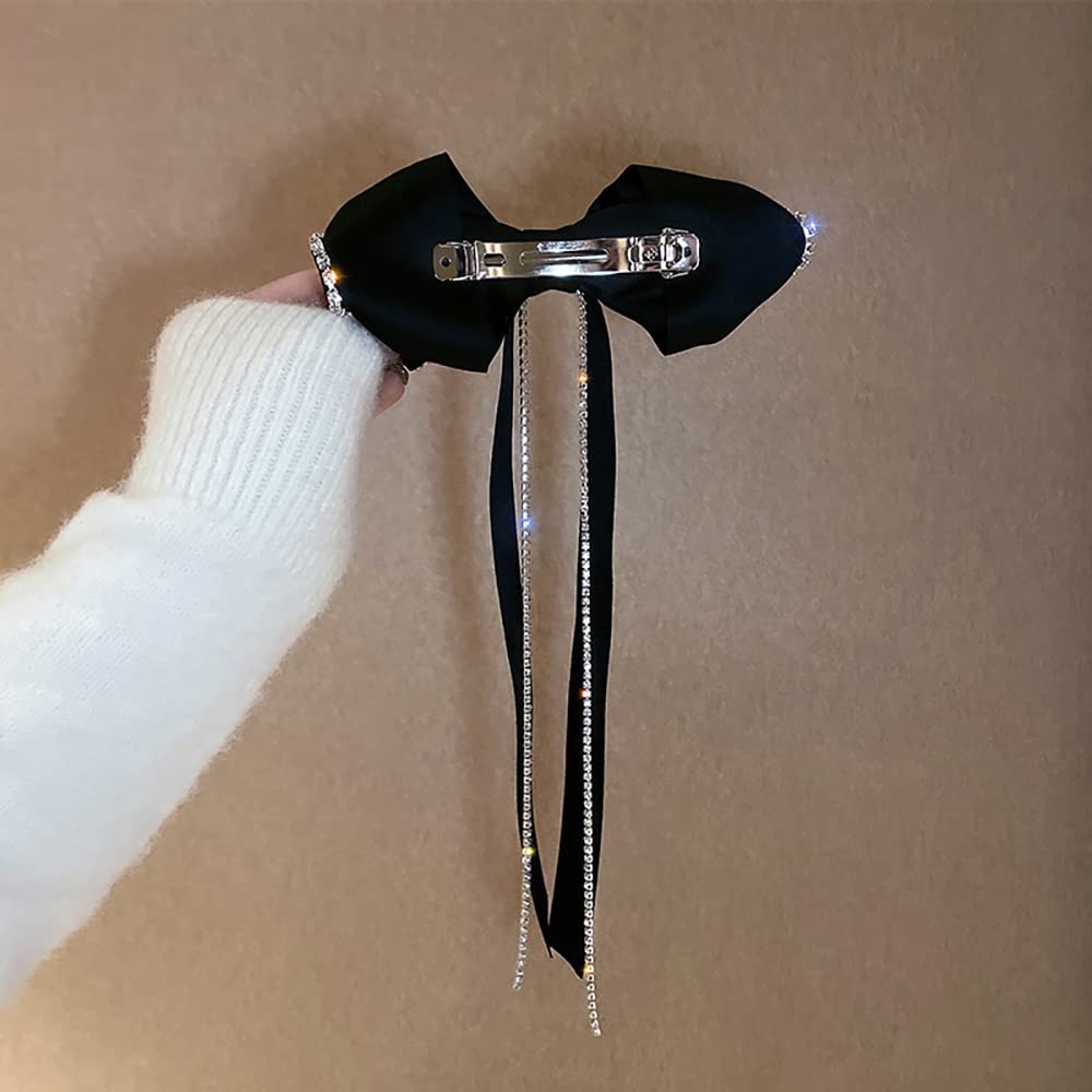 Hair Bows Sparkly Rhinestone Tassel Hair Clips Barrettes Black Bowknot with Long Brocade Tassel Ribbon Claw Hair Accessories for Women and Girls