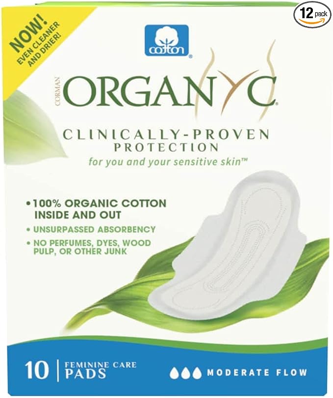 Organyc - 100% Certified Organic Cotton Inside and Out Feminine Pads with Wings, Sanitary Napkin for Women, 120 Count, Moderate Flow, Regular Absorbency, 12 Pack(Case Pack)