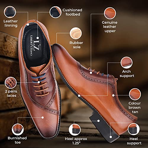 LIBERTYZENO Mens Lace Up Oxford Dress Shoes Stiched Welt Burnished Toe Tan Genuine Leather Shoes 9.5 US