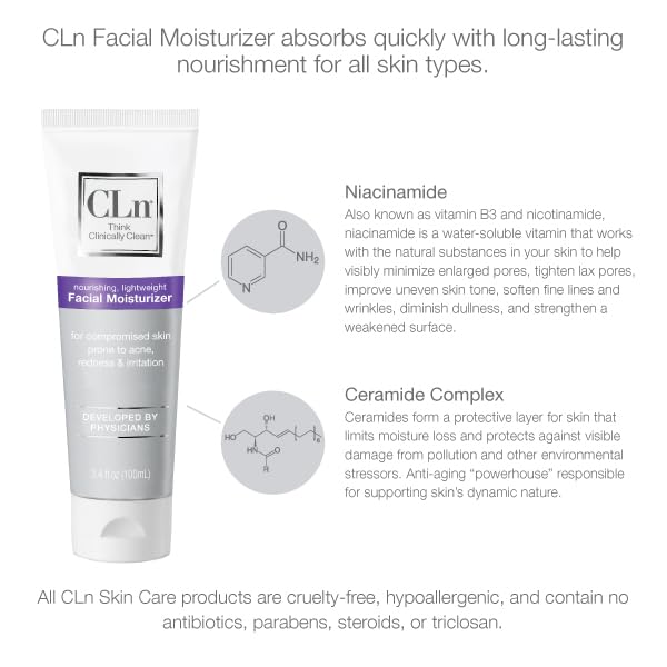 CLn Facial Moisturizer BodyWash Duo - (2) Facial Moisturizer 3.4oz & (1) BodyWash 3oz - Long lasting, lightweight, fast-absorbing, non-greasy formula. Recommended by dermatologists to lock in moisture
