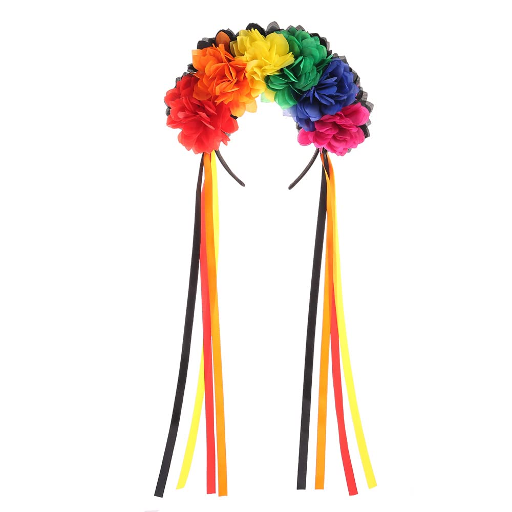 Bubbmi Mexican Flower Crown Headband with Ribbon, Day of the Dead Headwear, Dia De Los Muertos Headpiece, Halloween Easter Flower Headband(Mexican C)