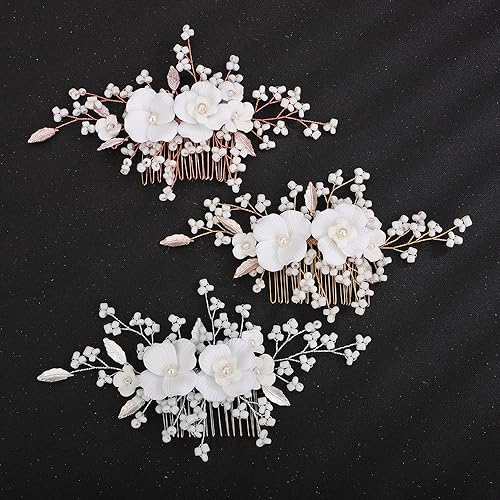 Teyglen Flower Bride Wedding Hair Comb Bridal Leaf Pearl Beads Hair Piece Bridal Gold Silver Flower Headpiece Floral Hair Accessories for Women Flower Girls (Gold)