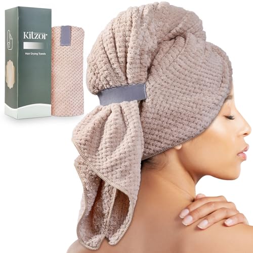 Kitzor Microfiber Hair Towel Wrap for Women - Ultra Soft and Absorbent Hair Towel with Elastic Band for Curly, Thick or Long Hair - Beige