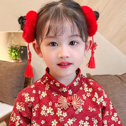 LOONELO 4 Pairs Chinese New Year Baby Girl Hair Clips with Chinoiserie Tassel, Dragon Year Hairy Furry Balls Red Bows Hairpins, Tassel Hair Barrettes for Spring Festival Lunar Year Decorations