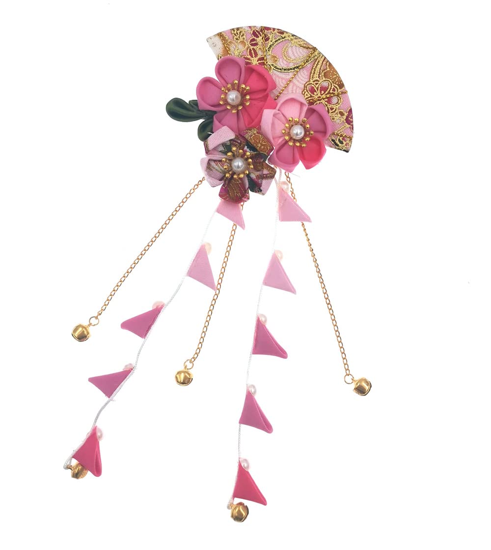 MIAO WU Womens Girls Japanese Kimono Flower Hair Clip, Kanzashi Decor Hair Pin Hair Ornament Tie Band Clip Hanfu Accessories (Pink)
