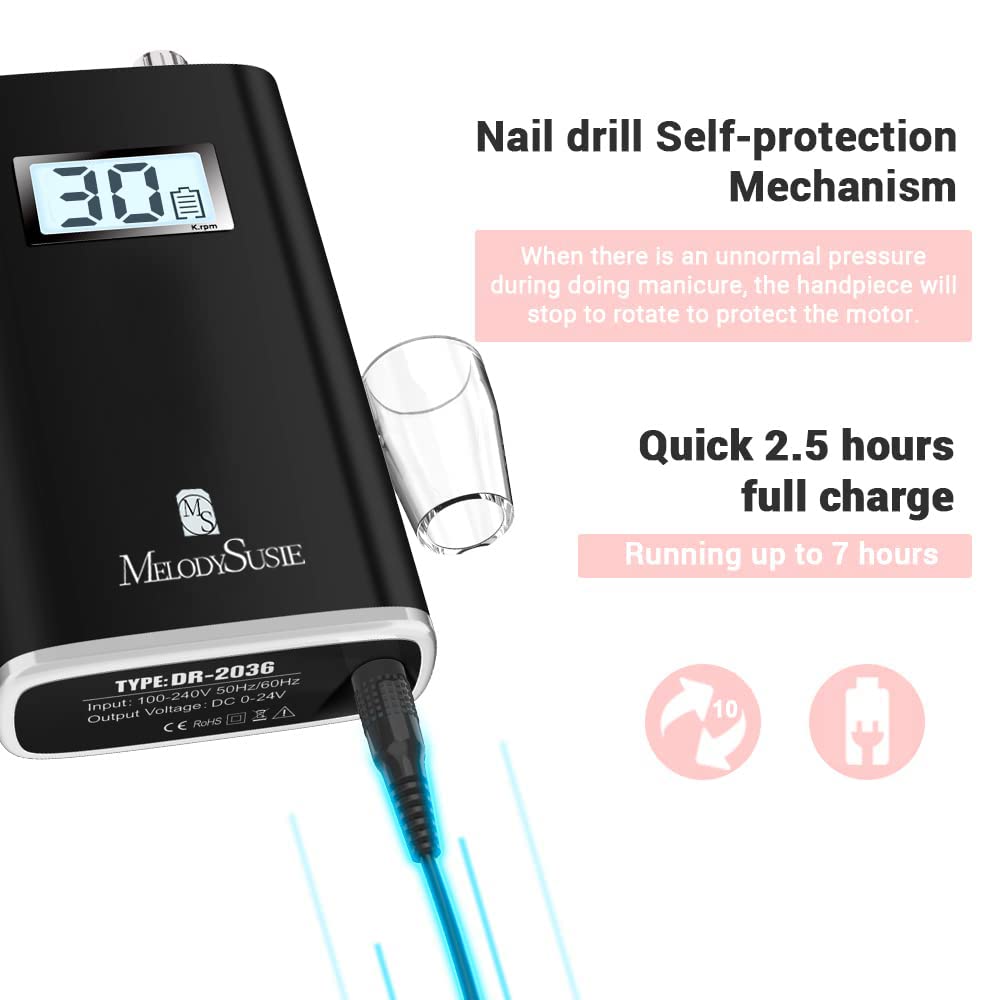 MelodySusie Professional Rechargeable 30000 RPM Nail Drill, Portable Electric E File Scamander, Acrylic Gel Grinder Tools with 6 Bits and Sanding Bands for Manicure Pedicure Shape Carve Polish