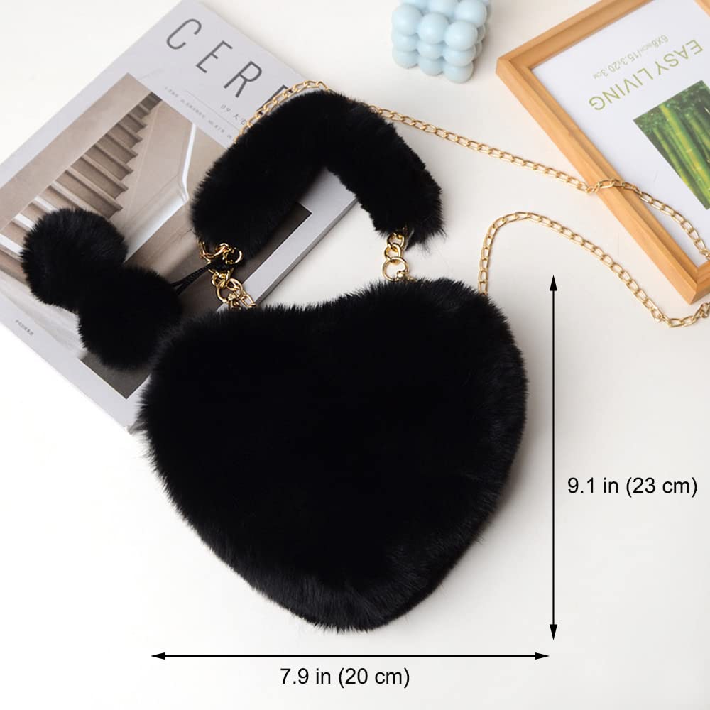 Rejolly Heart Shaped Purse for Women Fluffy Furry Bag for Girls Faux Fur Fuzzy Handbag Soft Small Valentine's Day Shoulder Bag with Chain Strap Black