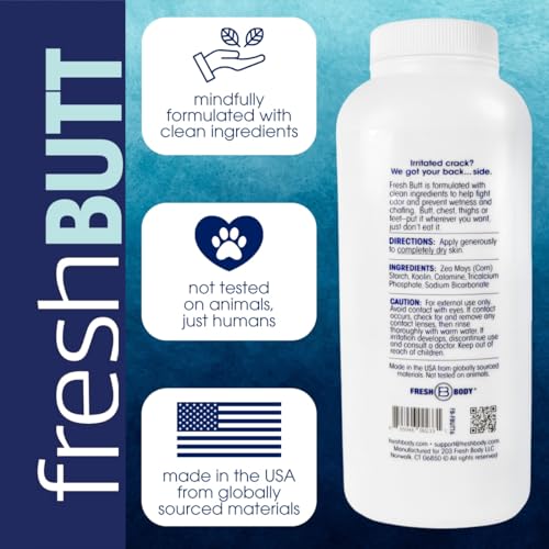 Fresh Body FB Butt Body Powder for Women & Men - Anti-Chafing, Anti-Itch, Odor & Sweat Absorbing + Calamine - Friction Fighting, Talc-Free, Unscented, 6oz
