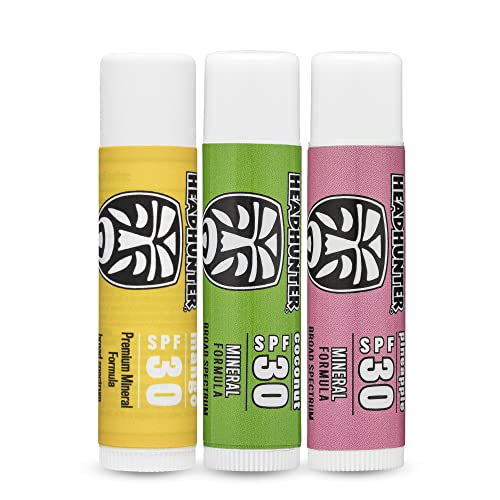Headhunter Sport Chapstick Sunscreen SPF 30, Natural Mineral Waterproof Lip Balm For Sun Protection, Ultra Solar Defense - Reef Safe Sunblock Chap Stick, 3 Flavors - Coconut, Pineapple, Mango (3 Pack)