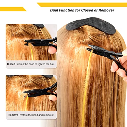 Gomake Hair Extensions Closed and Remover Pliers set, Micro Silicone Rings Beads Hair Extensions Loop Needle Threader Pulling Hook Tool and Bead Device Tool for Hair or Feather Extensions (Gold)