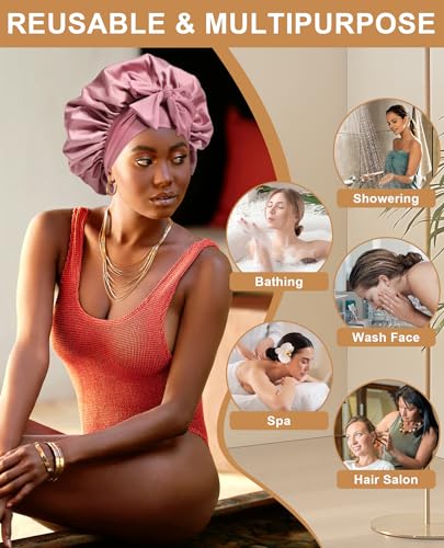 Extra Large Satin Bonnet for Sleeping Jumbo Silk Bonnet Double Layer Hair Bonnet for Women with Elastic Tie Band Sleep Bonnet Hair Wrap for Braids Curly Hair(Bean Paste + Pink)
