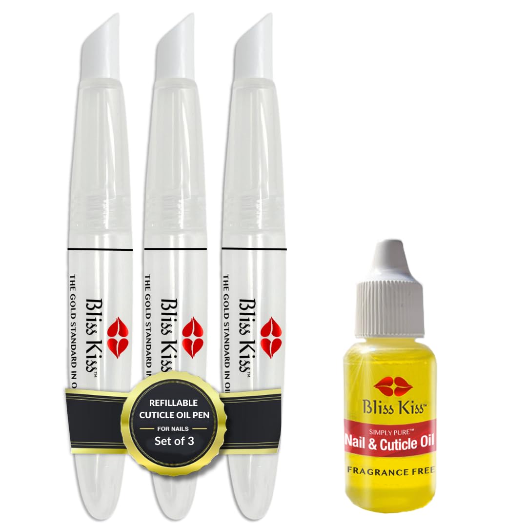 Bliss Kiss Simply Pure Dropper with Refillable Cuticle Squeeze Pen 3-Pack Kit (Fragrance Free, 3-Pens)