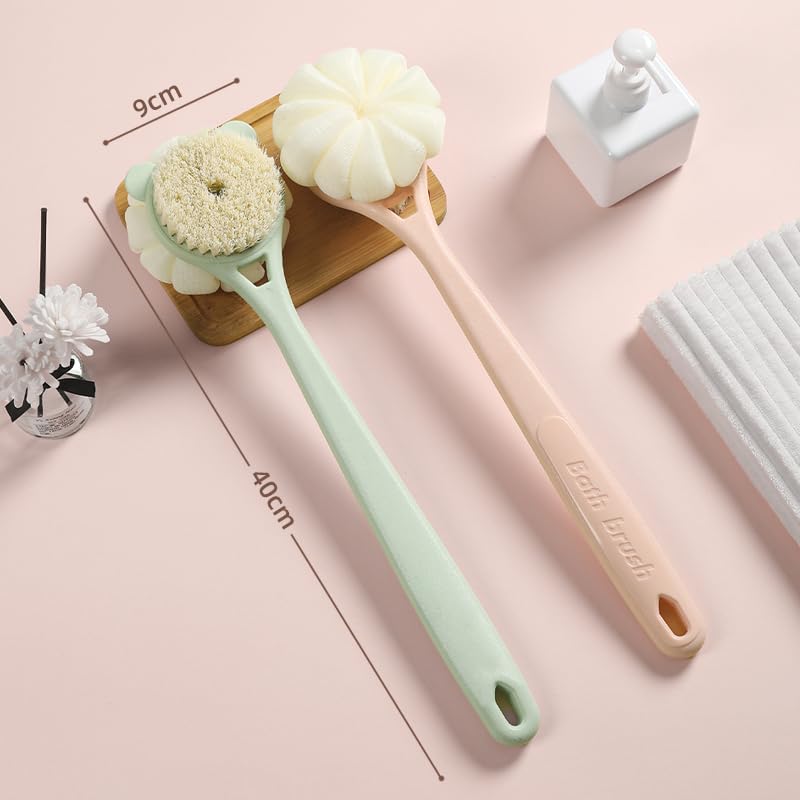 Maji Mama 15.7inch Upgrand Shower Body Brush,Soft Bristles and Loofah/Mesh Sponge Ball Long Handle Bath Brush Back Scrubber for Gentle Skin Exfoliating and Cleaning (Green)