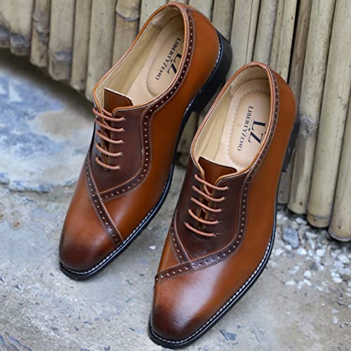 LIBERTYZENO Mens Lace Up Oxford Dress Shoes Stiched Welt Burnished Toe Tan Genuine Leather Shoes 9.5 US