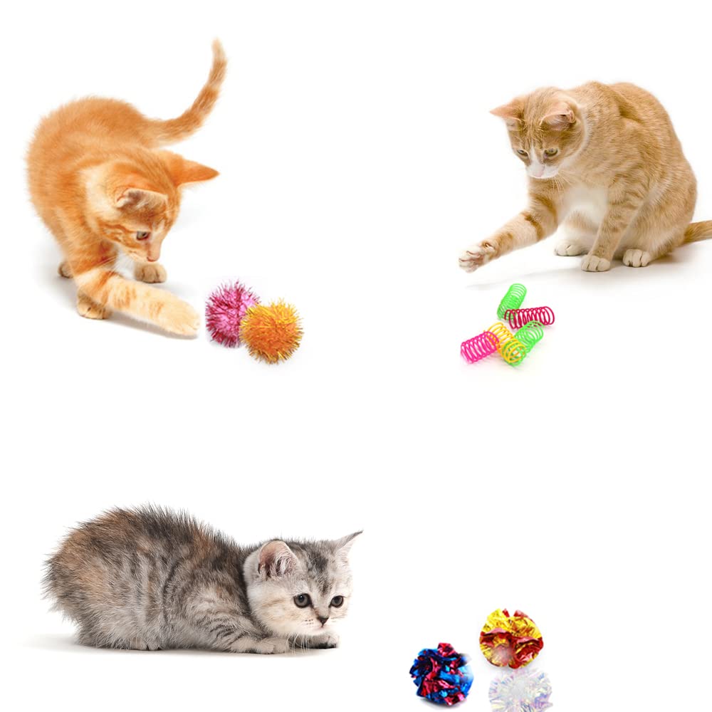 LASOCUHOO Cat Toys, 30 Packs Interactive Cat Toy Pack Including Cat Crinkle Balls, Cat Sparkle Balls, Spiral Springs for Most Cats
