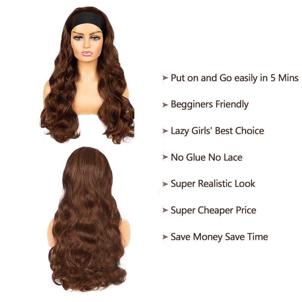 YiweYowe #4 Chocolate Brown Body Wave Headband Wig Human Hair 22 Inch #4 Brown Color 150% Density Brazilian Virgin Hair Glueless None Lace Front Wig Wear and Go Wigs for Black Women