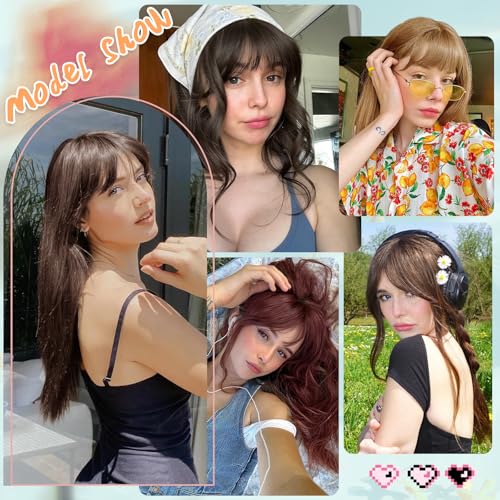 Wirctp Bangs Hair Clip in Bangs 100% Real Human Hair Extensions For Women French Bangs Fringe with Temples Clip On Hairpieces Fake Bangs For Daily Wear（Brown）