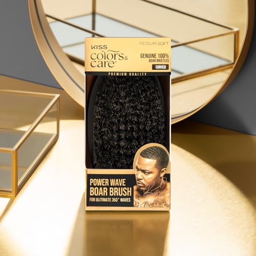 KISS COLORS & CARE 360° Power Wave Palm Brush - Medium Soft, Curved Handle, High-Density Boar Bristles for Deep Waves, Shed-Free Grip