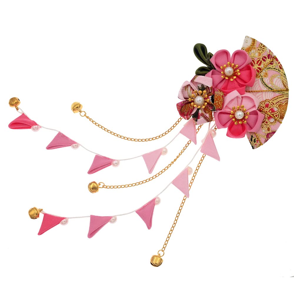 MIAO WU Womens Girls Japanese Kimono Flower Hair Clip, Kanzashi Decor Hair Pin Hair Ornament Tie Band Clip Hanfu Accessories (Pink)