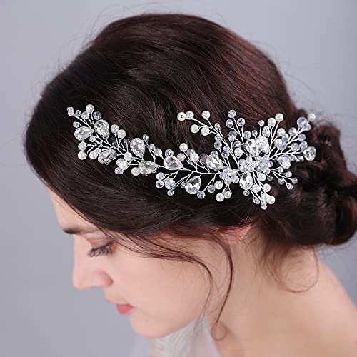 JWICOS Bride Wedding Hair Vine Pearl Bridal Hair Piece Crystal Wedding Hair Accessories Long Headband for Women and Girls (blue)