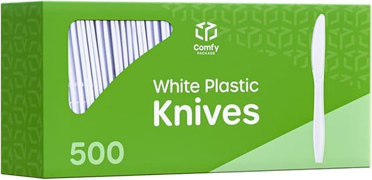 Comfy Package [500 Count Heavy Duty White Plastic Knives, Extra Heavyweight Disposable Knives Perfect for Restaurants, Parties, and Dinner